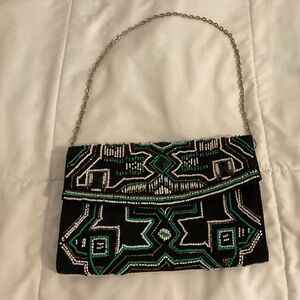 Chico evening purse, black, green, white and silver beading.